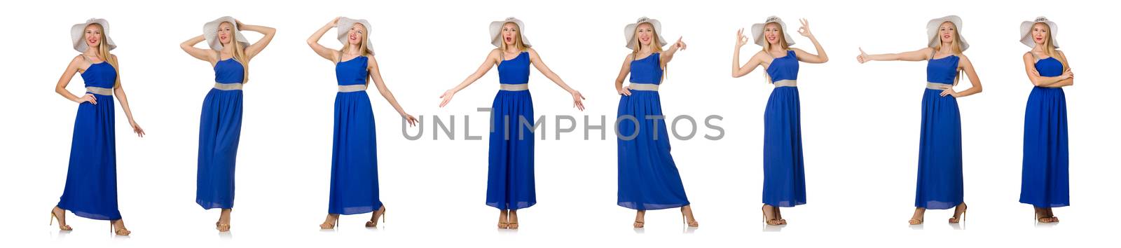 Beautiful woman in long blue dress isolated on white by Elnur