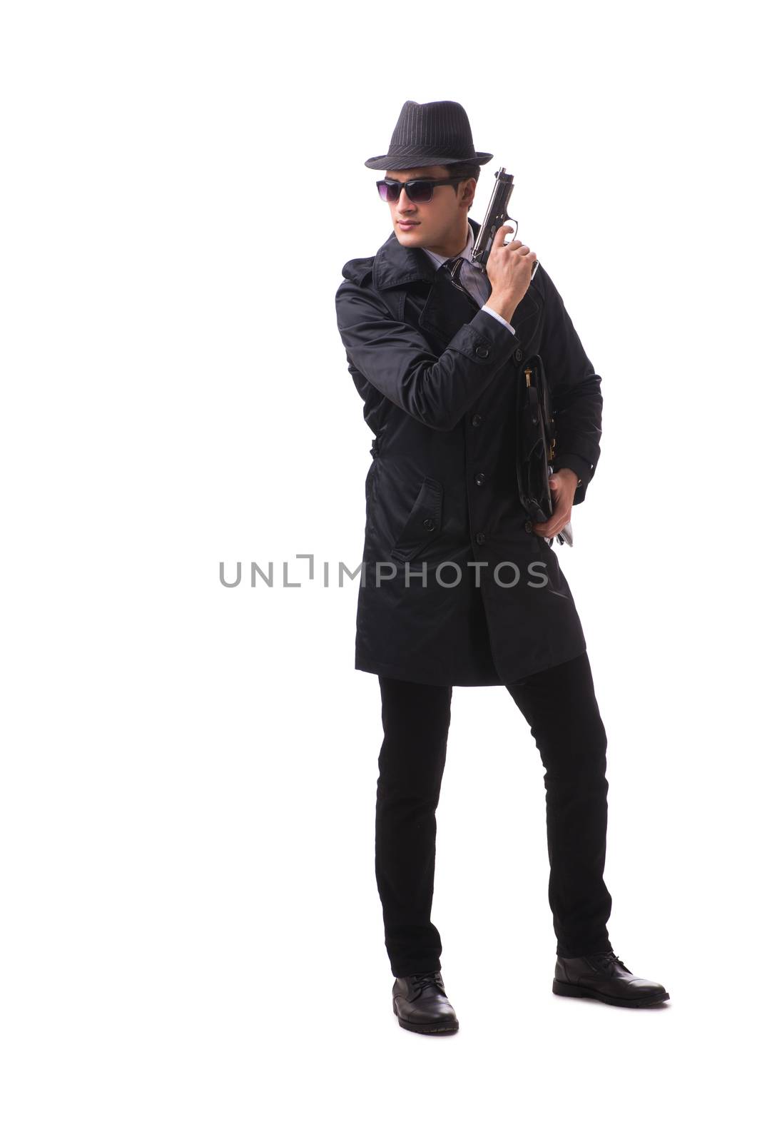 Man spy with handgun isolated on white background