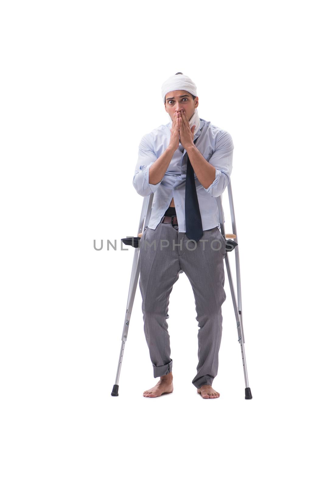 Injured businessman isolated on white background