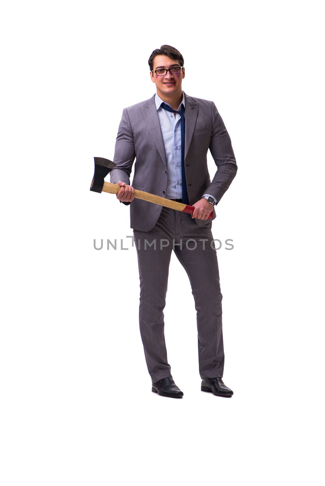 Angry businessman with axe isolated on white