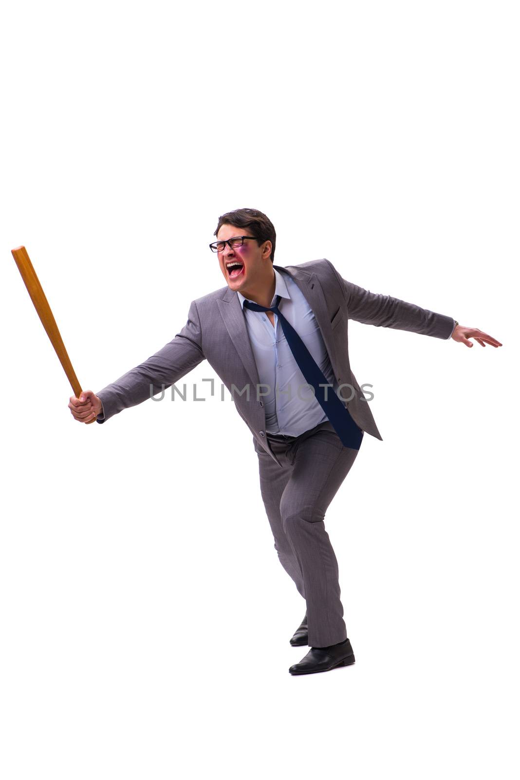 Businessman with baseball bat isolated on white