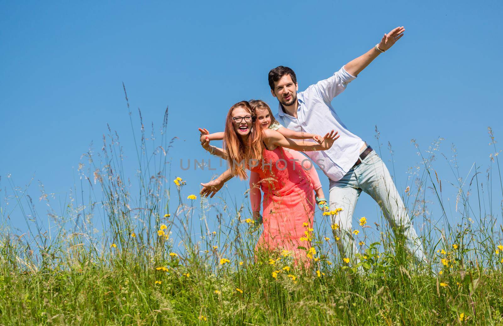 Family doing the plane on summer meadow under clear blue sky