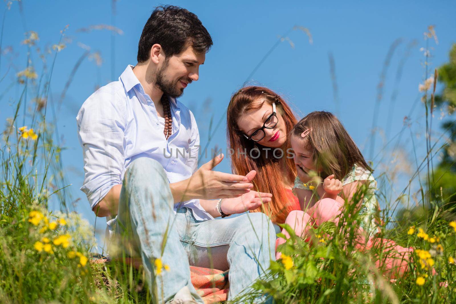 Family playing with wildflowers on meadow sitting in the grass