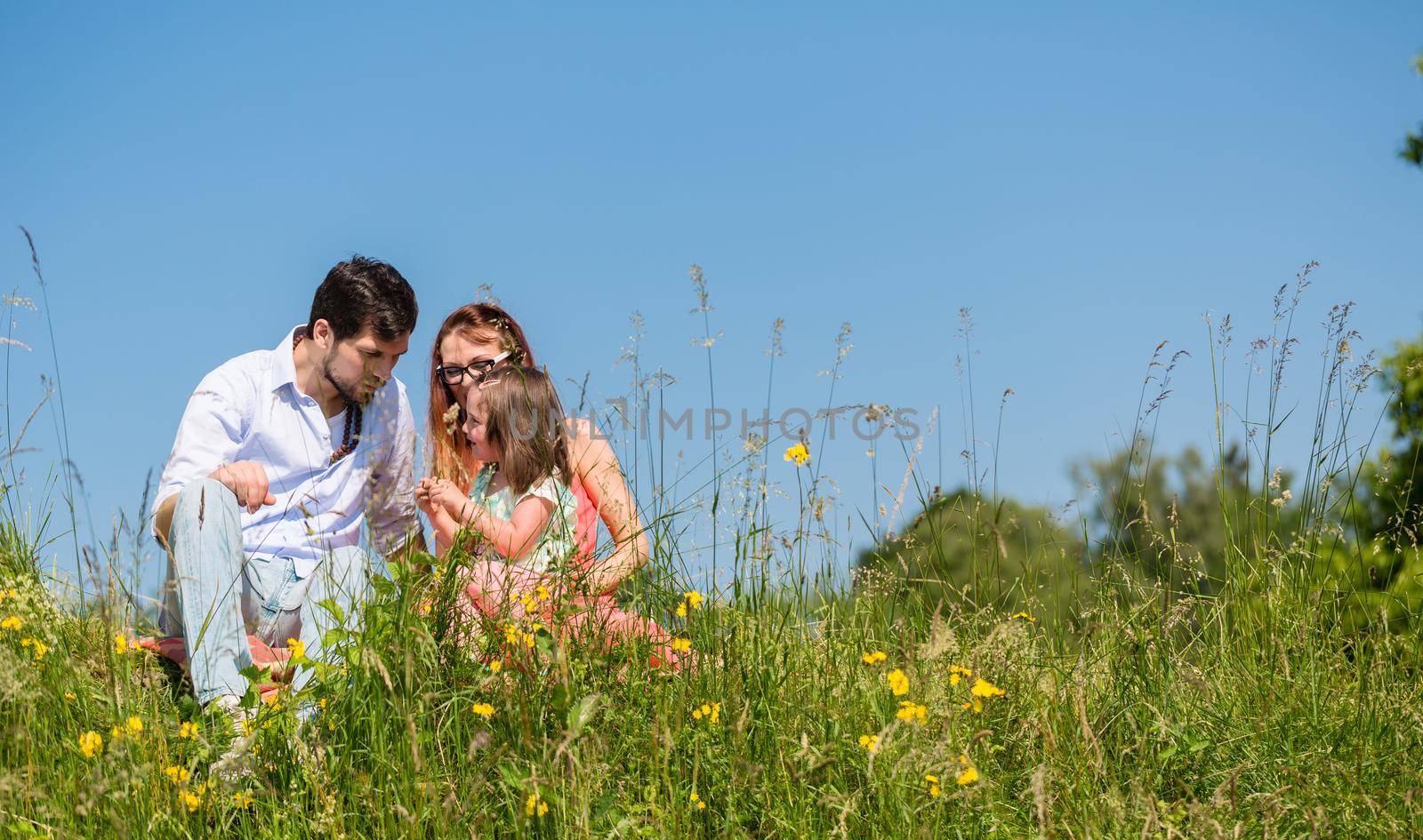 Family cuddling sitting at meadow on a summer day with blue sky