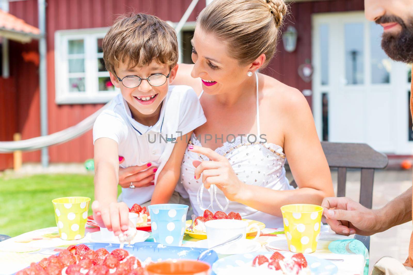 Family with cake in summer garden by Kzenon