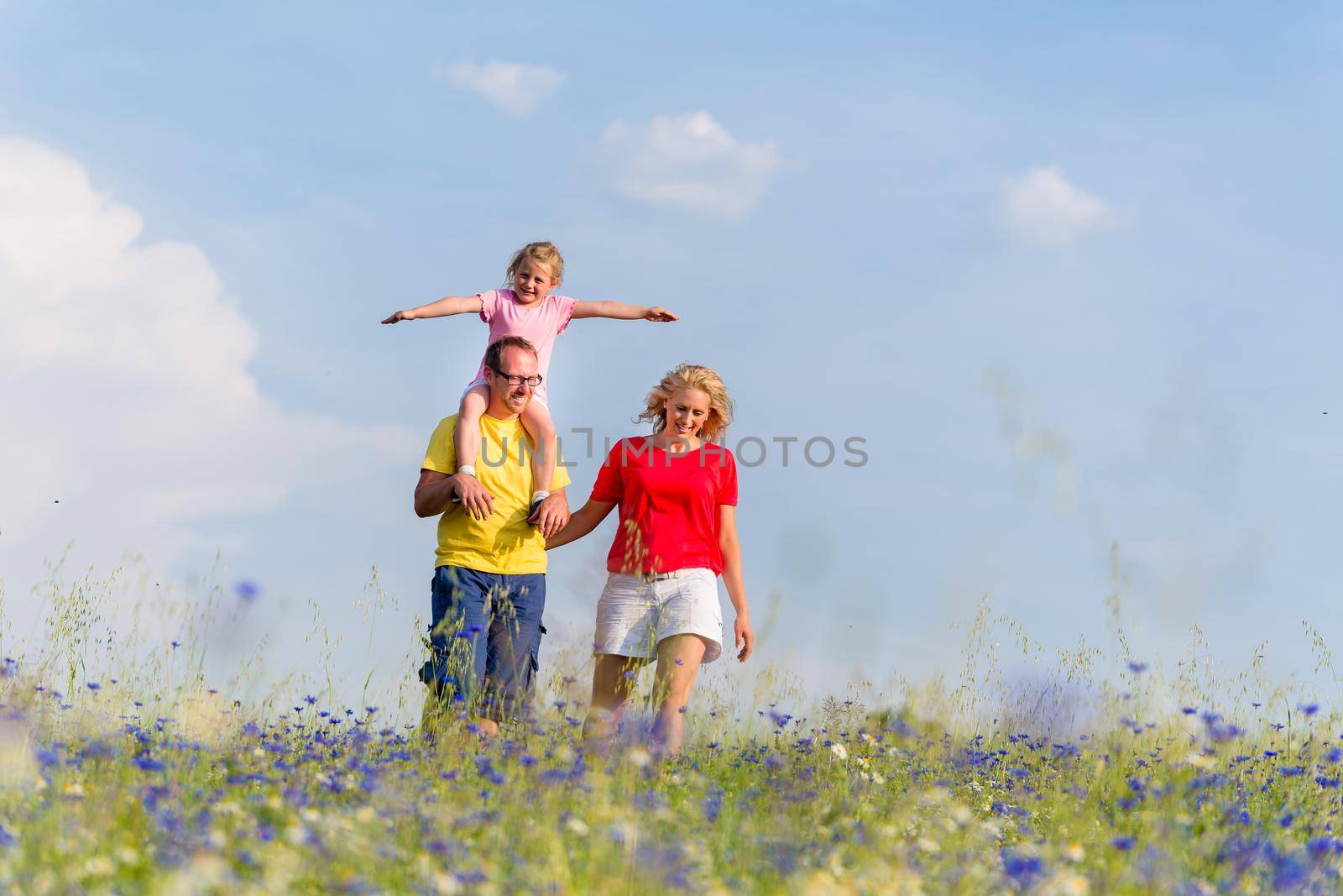 Family having walk on meadow with flowers, daddy is carrying his daughter piggyback
