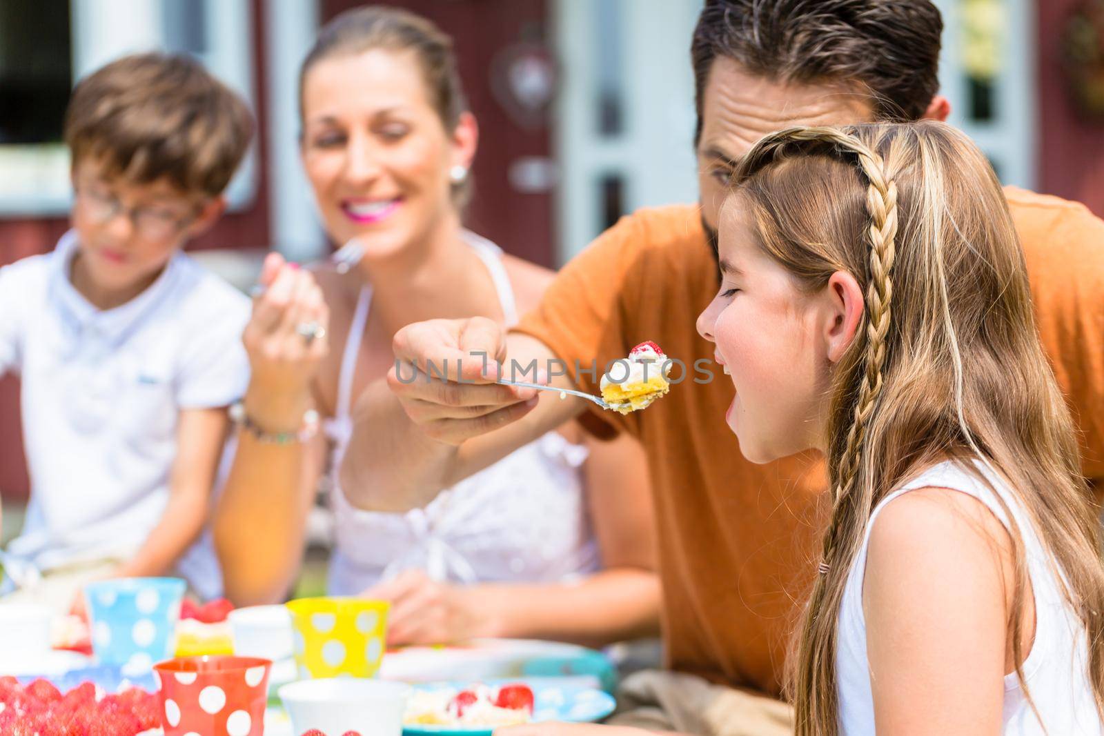 Family with cake in summer garden