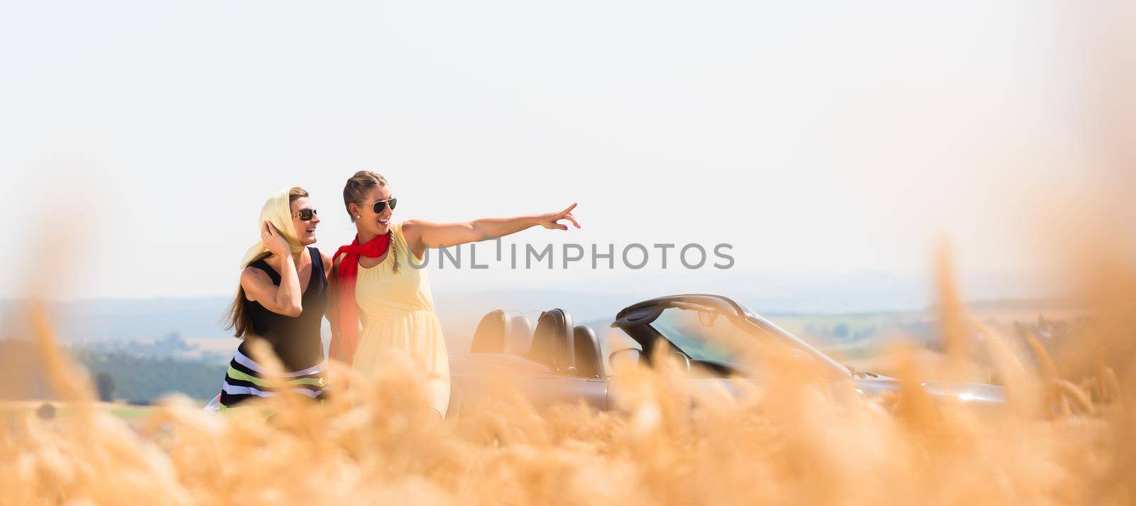 Women having joyride in convertible car having rest at grain field enjoying the landscape