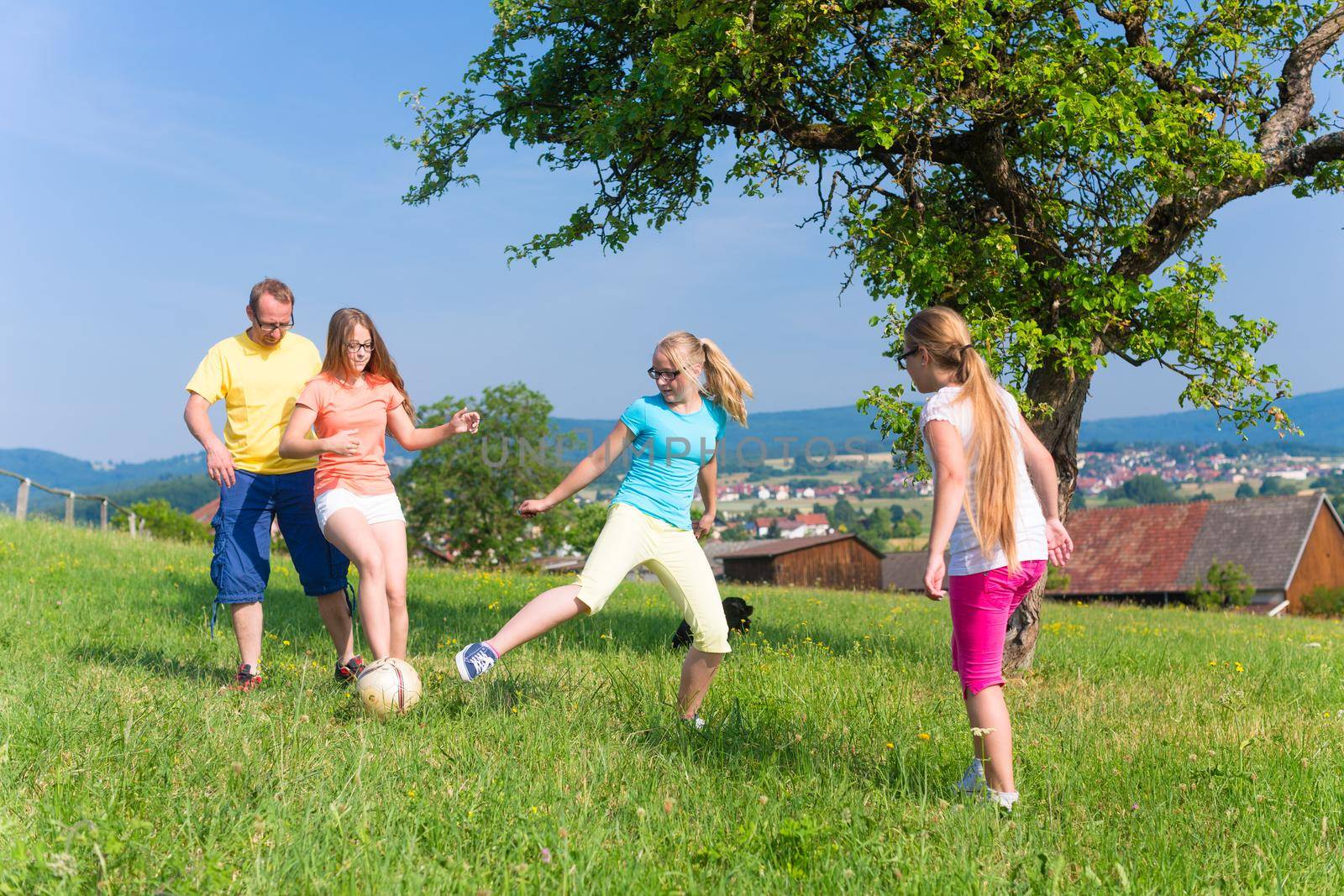 Family playing soccer on meadow in summer