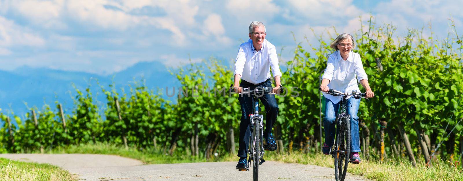 Seniors riding bicycle in vineyard together by Kzenon