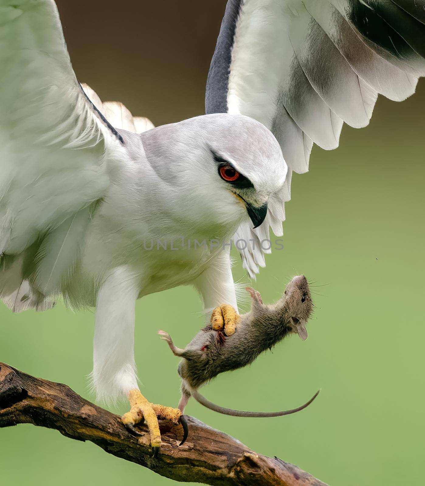 Red-eyed white eagle owl on a branch (Bubo scandiacus) by isaiphoto