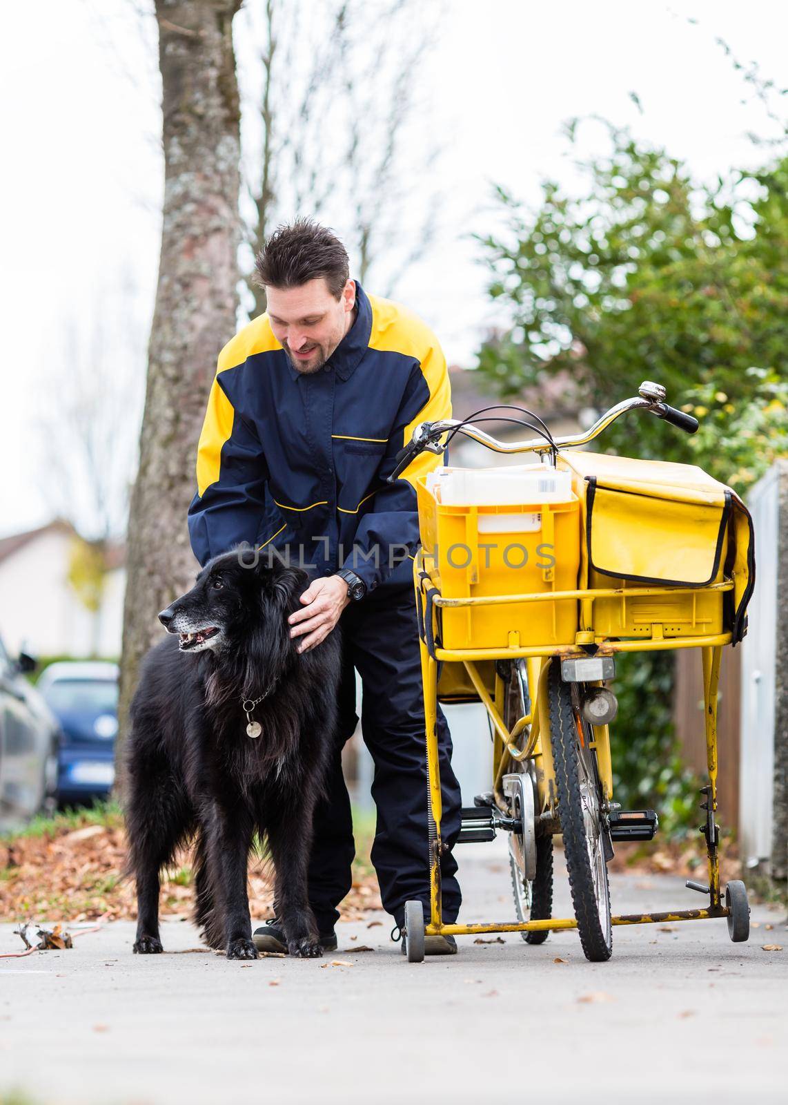 Big black dog welcoming postman at garden gate by Kzenon