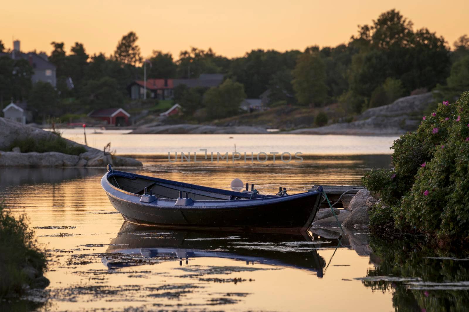 A boat on the lake near a dock, Sunset over the lake in the village. View from a wooden bridge with a boat aside