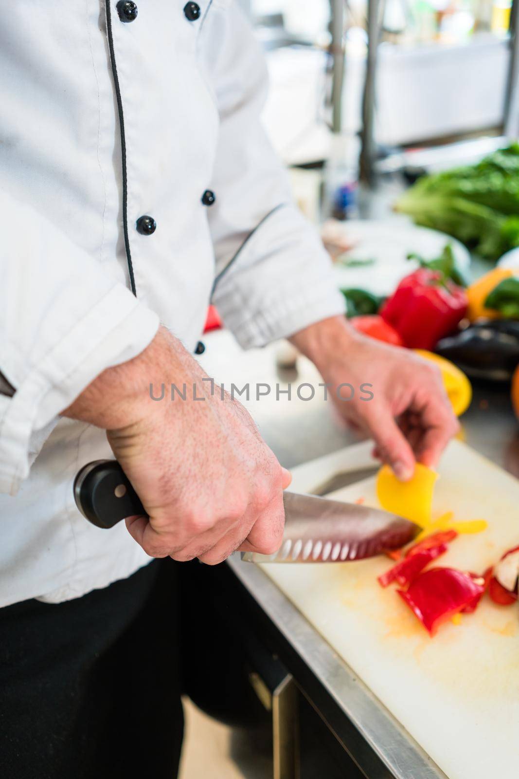 Chef cutting onions and vegetable to prepare for cooking