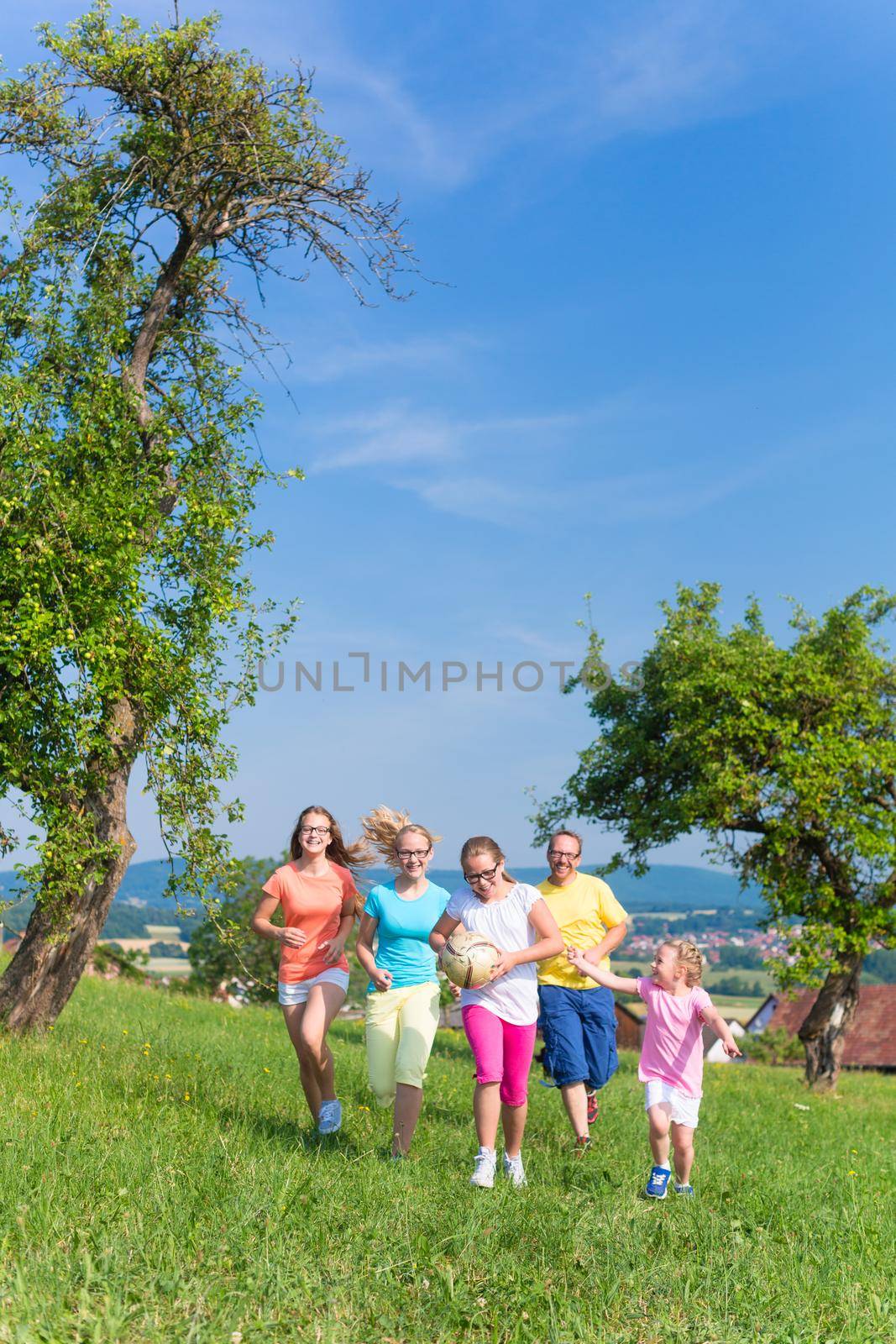 Father with children running on green meadow grass by Kzenon