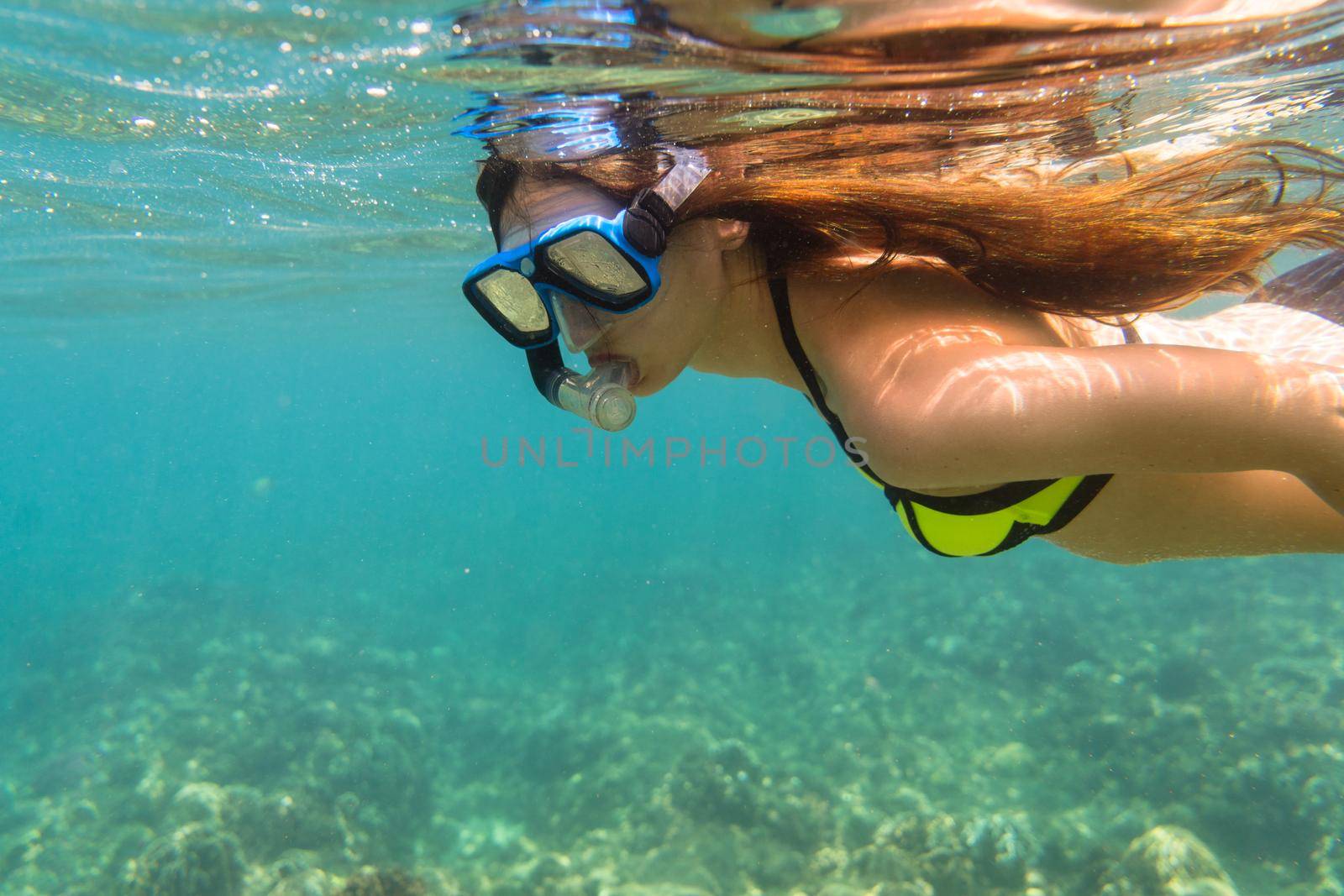 Woman diving or snorkelling in ocean by Kzenon