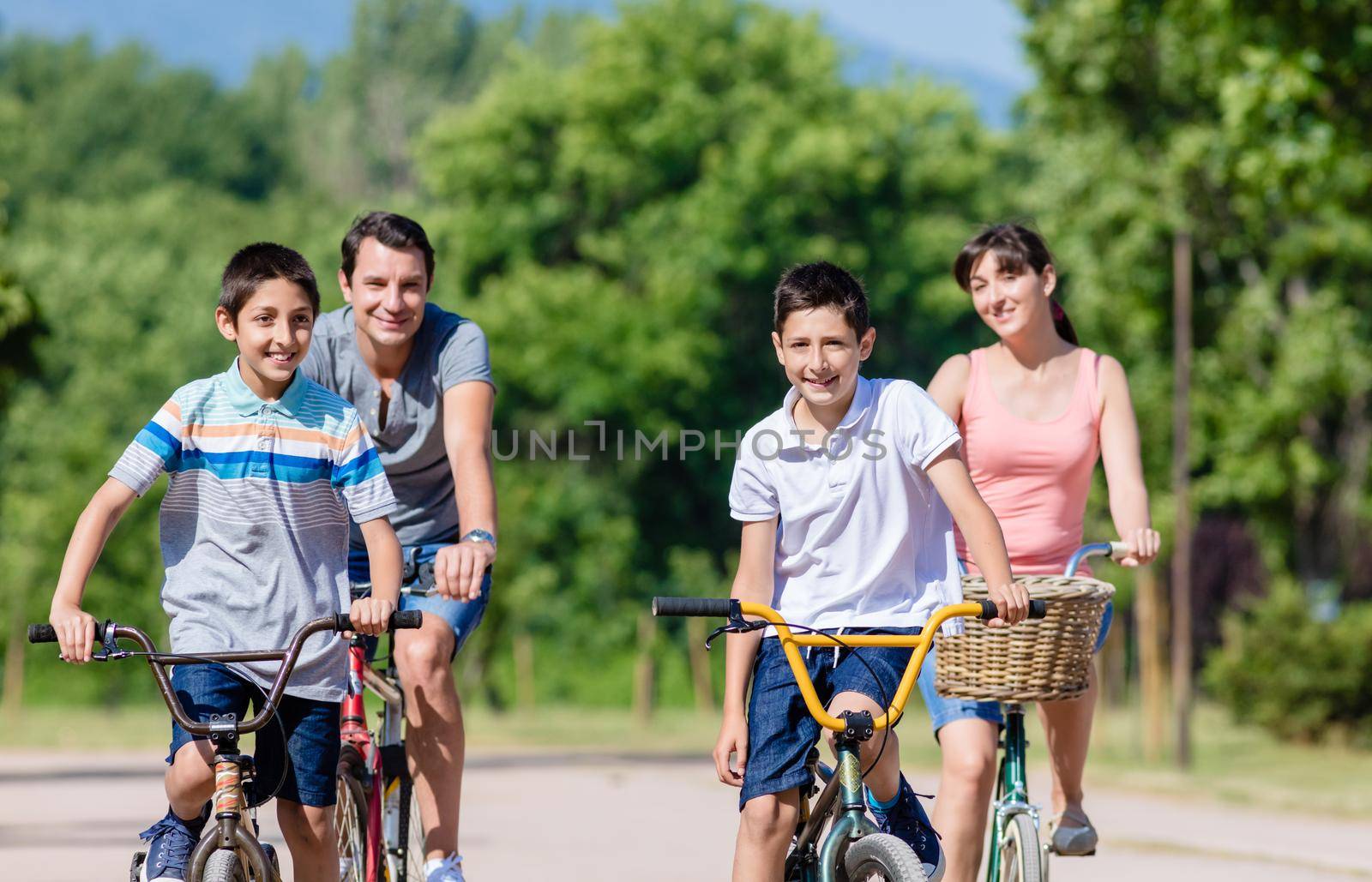 Family of four on bike tour in summer