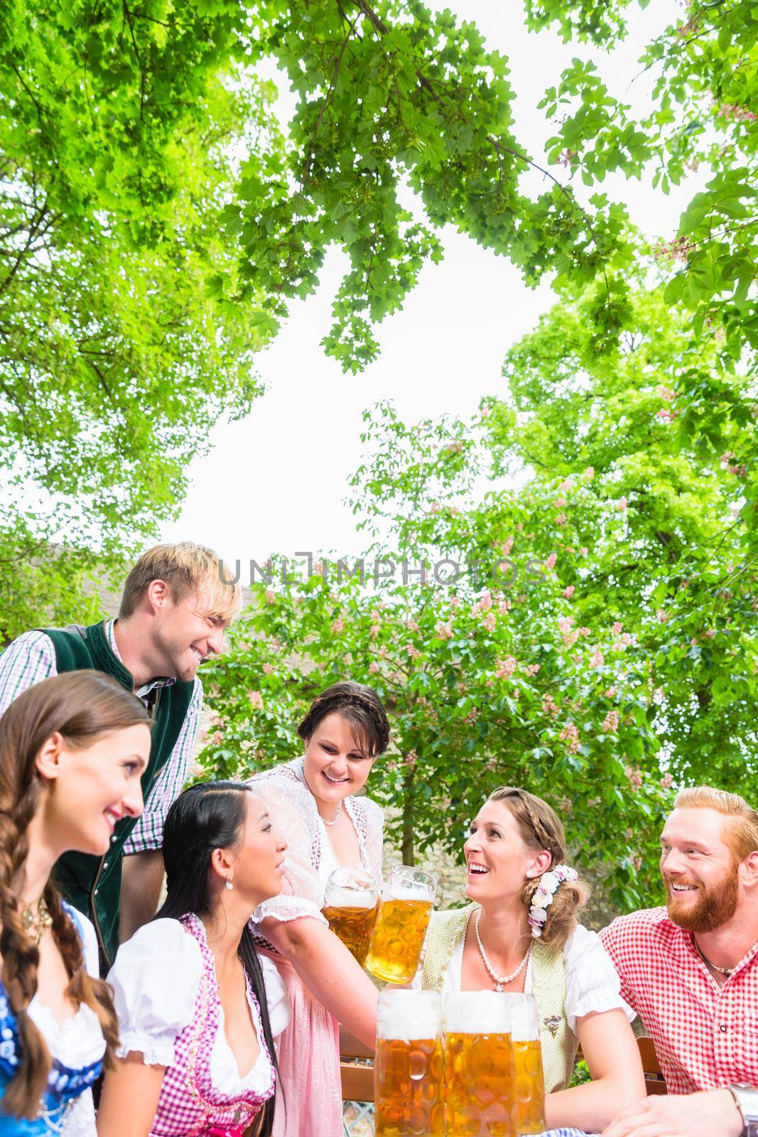 Waitress in beer garden serving drinks to three women and man