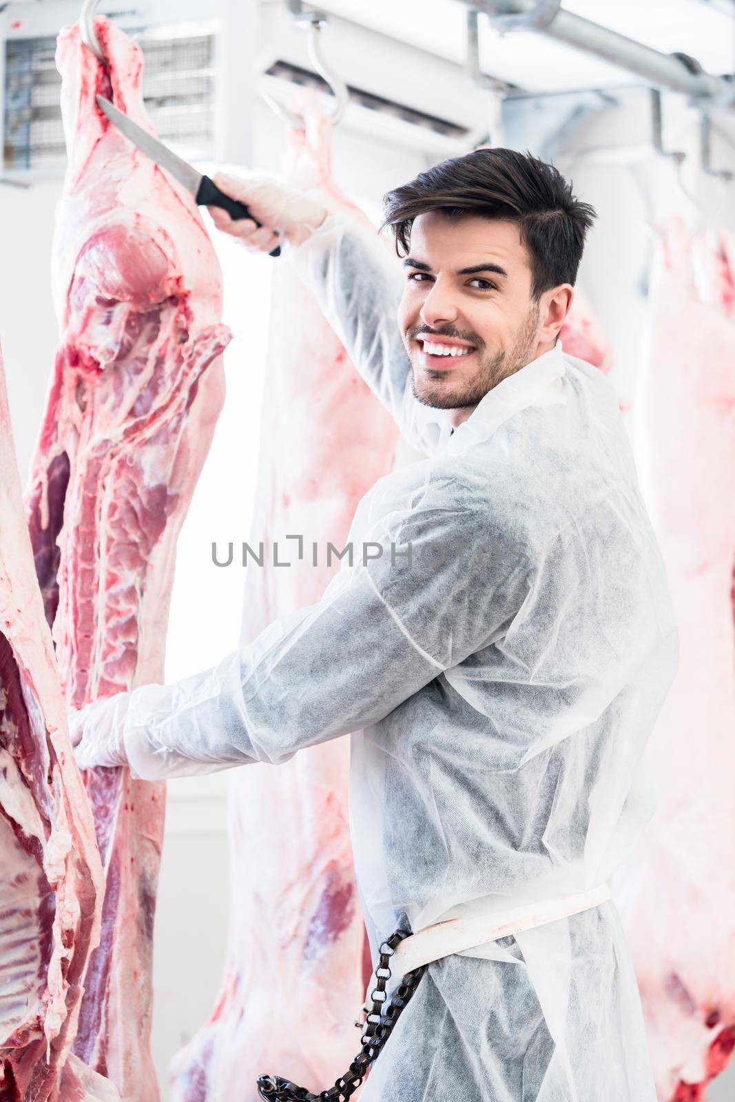 Butcher in butchery or slaughterhouse cutting meat for further processing