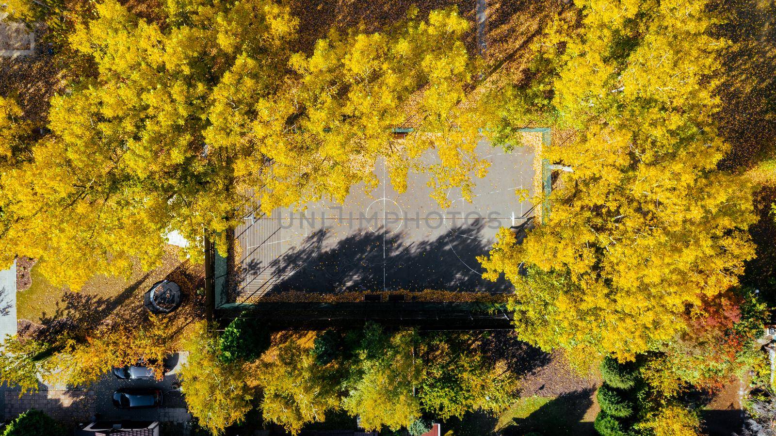 Aerial view of a basketball court, basketball court in autumn