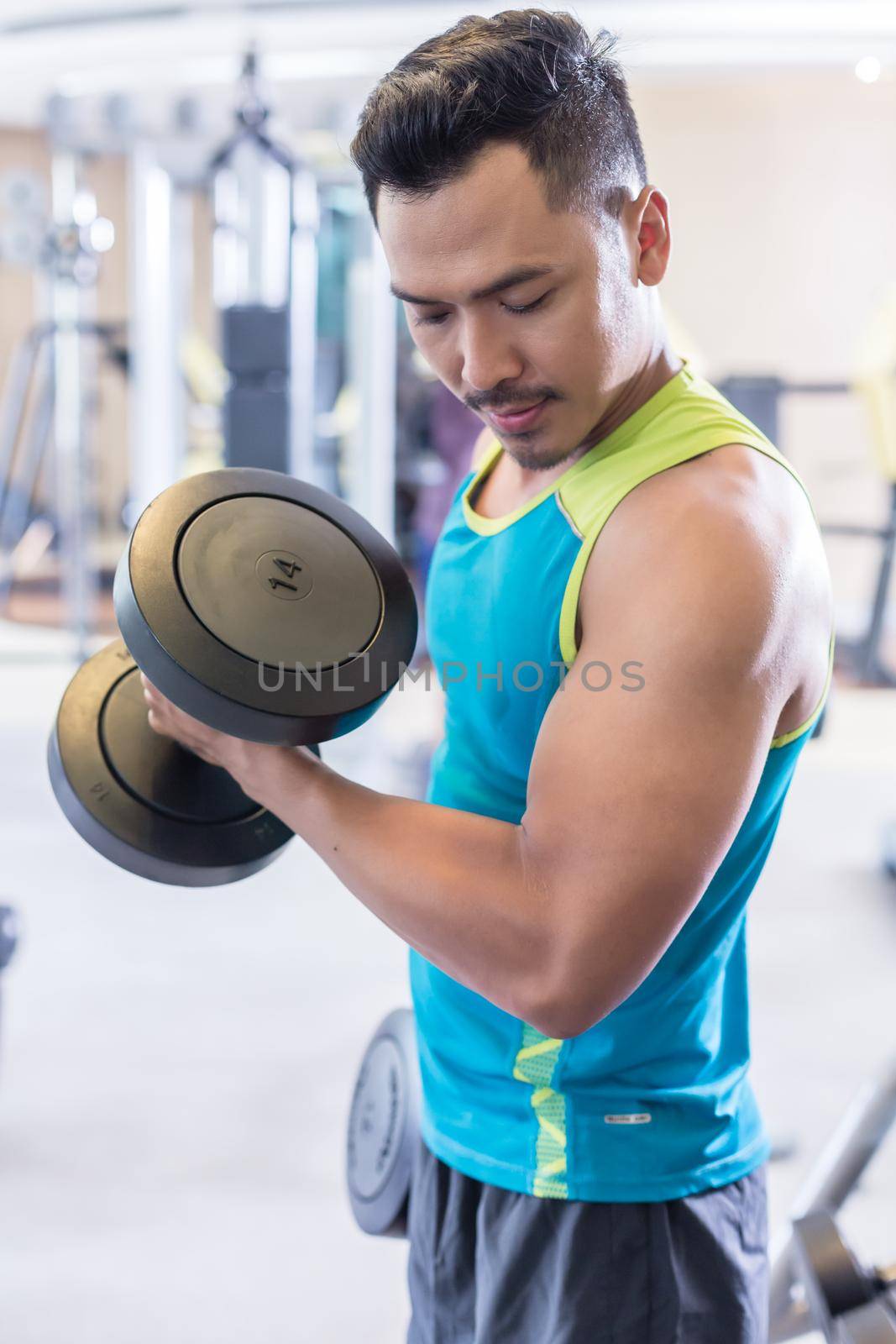 Portrait of a handsome and determined Middle-Eastern young man exercising bicep curls with a heavy dumbbell during upper-body workout routine