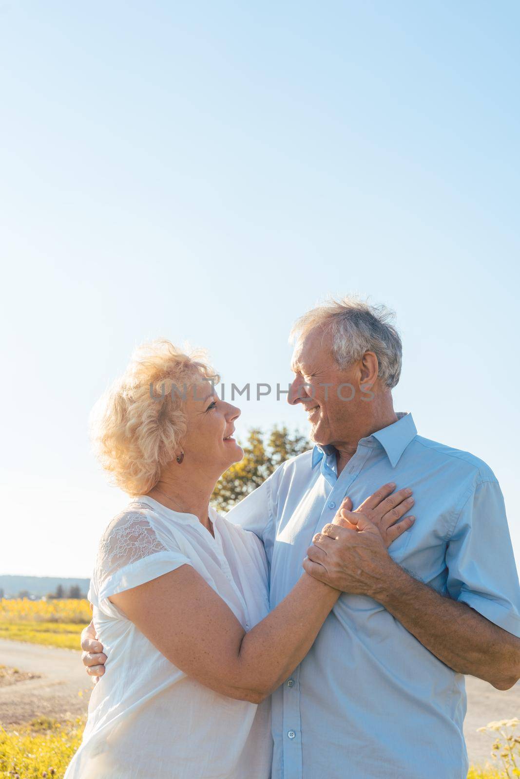 Low-angle view of a romantic elderly couple enjoying health and nature while standing together on a field in a sunny day of summer