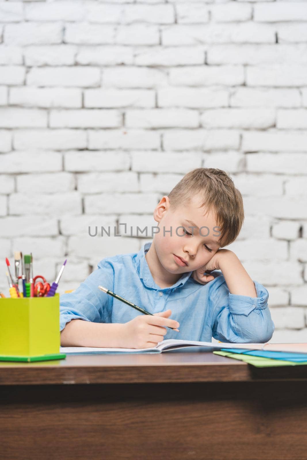 Young boy learning for school with his books