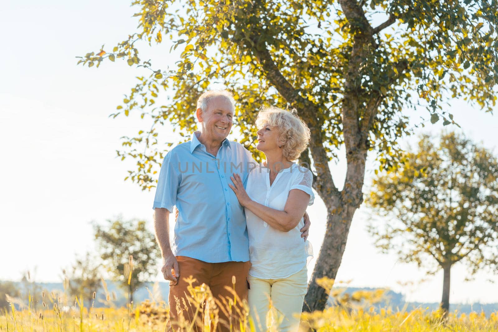 Romantic senior couple holding hands while walking together in the countryside by Kzenon