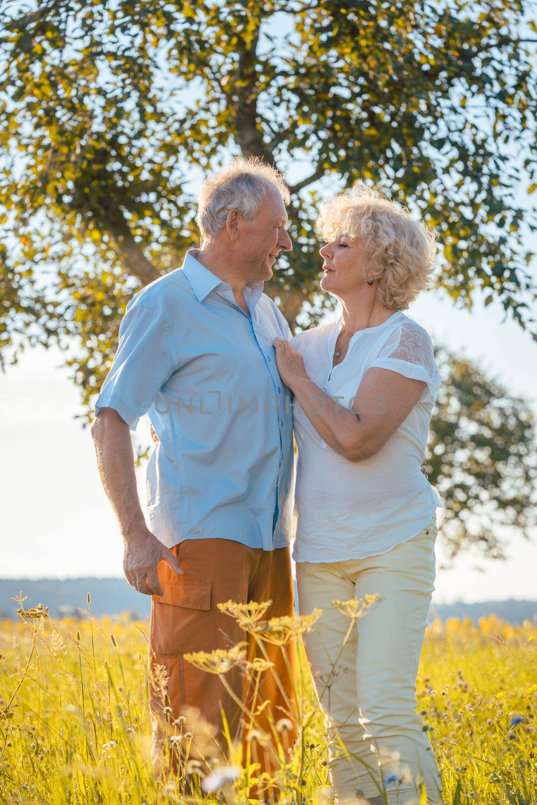 Romantic senior couple holding hands while walking together by Kzenon