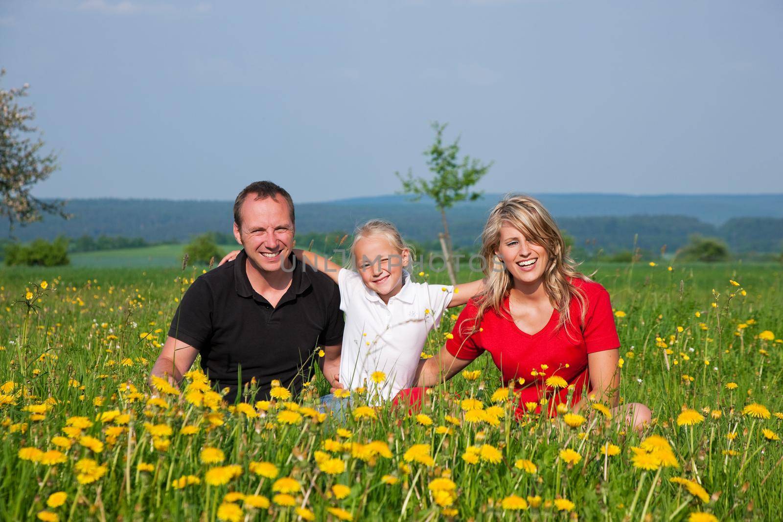 Happy family sitting in a meadow full of dandelions in spring (selective focus on girl)