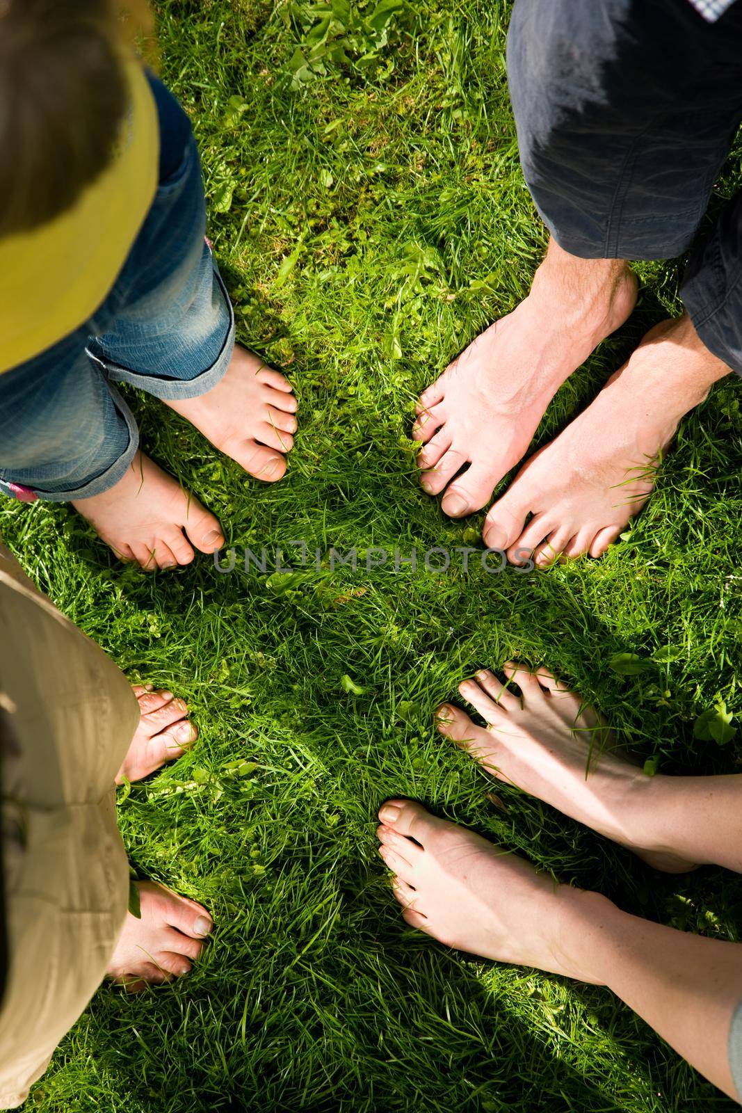 Healthy feet series - feet of men and women of different ages standing in a circle in the grass with daisies, seen from above