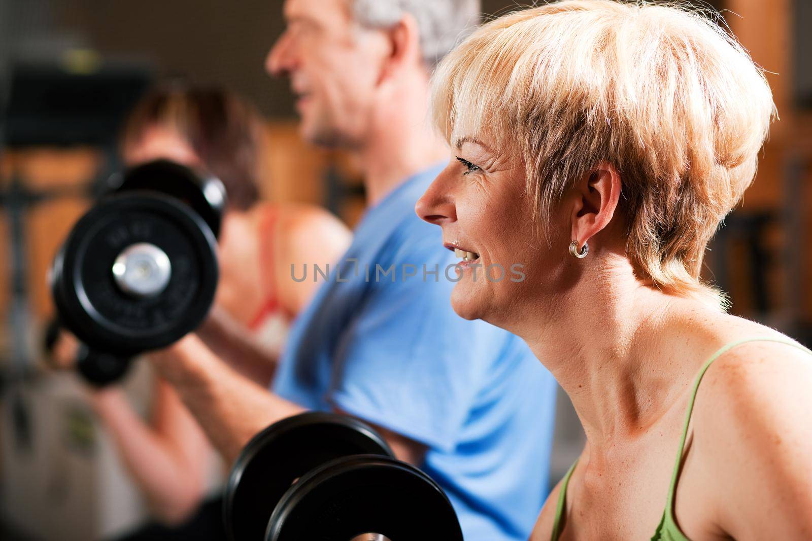 Three senior people - two women and one man - in the gym lifting dumbbells, exercising