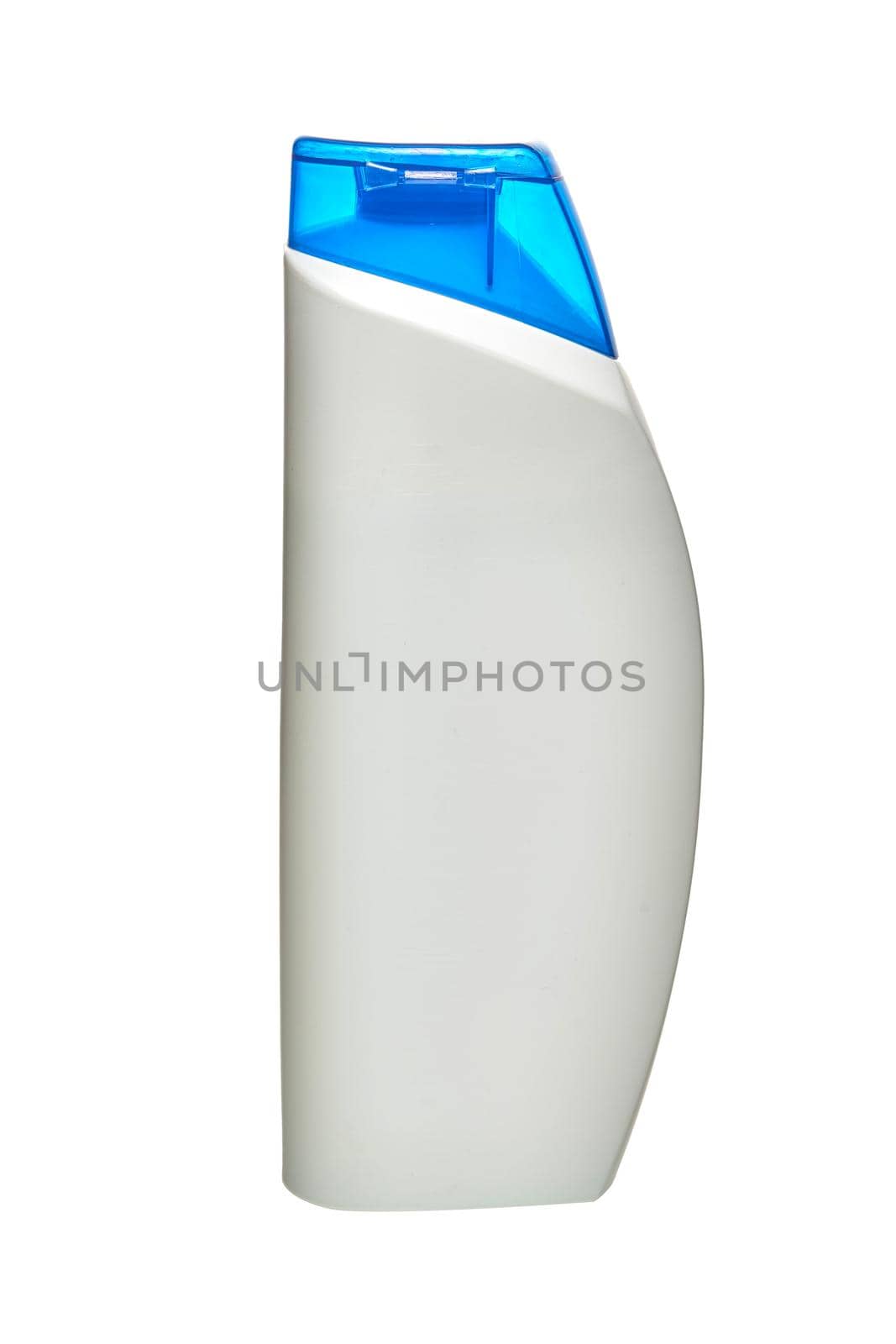 White plastic bottle on a white background, blank for design, place for text. Close up