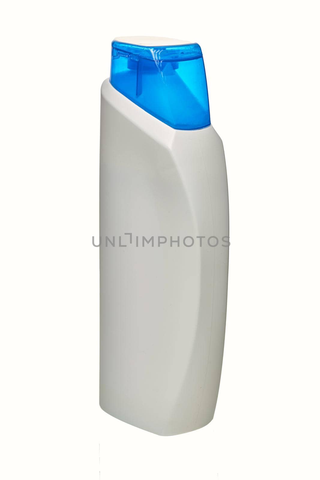 White plastic bottle on a white background, blank for design, place for text. Close up