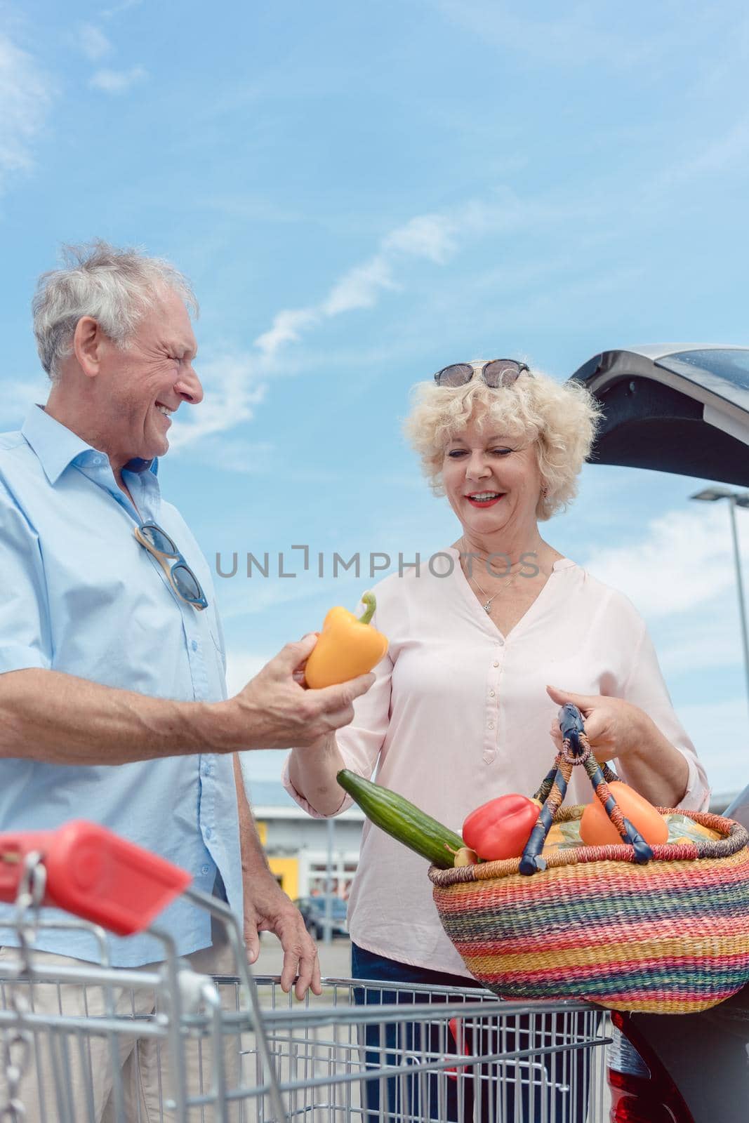 Low-angle view of a cheerful senior couple with a healthy lifestyle happy for buying fresh and nutritious vegetables from the hypermarket