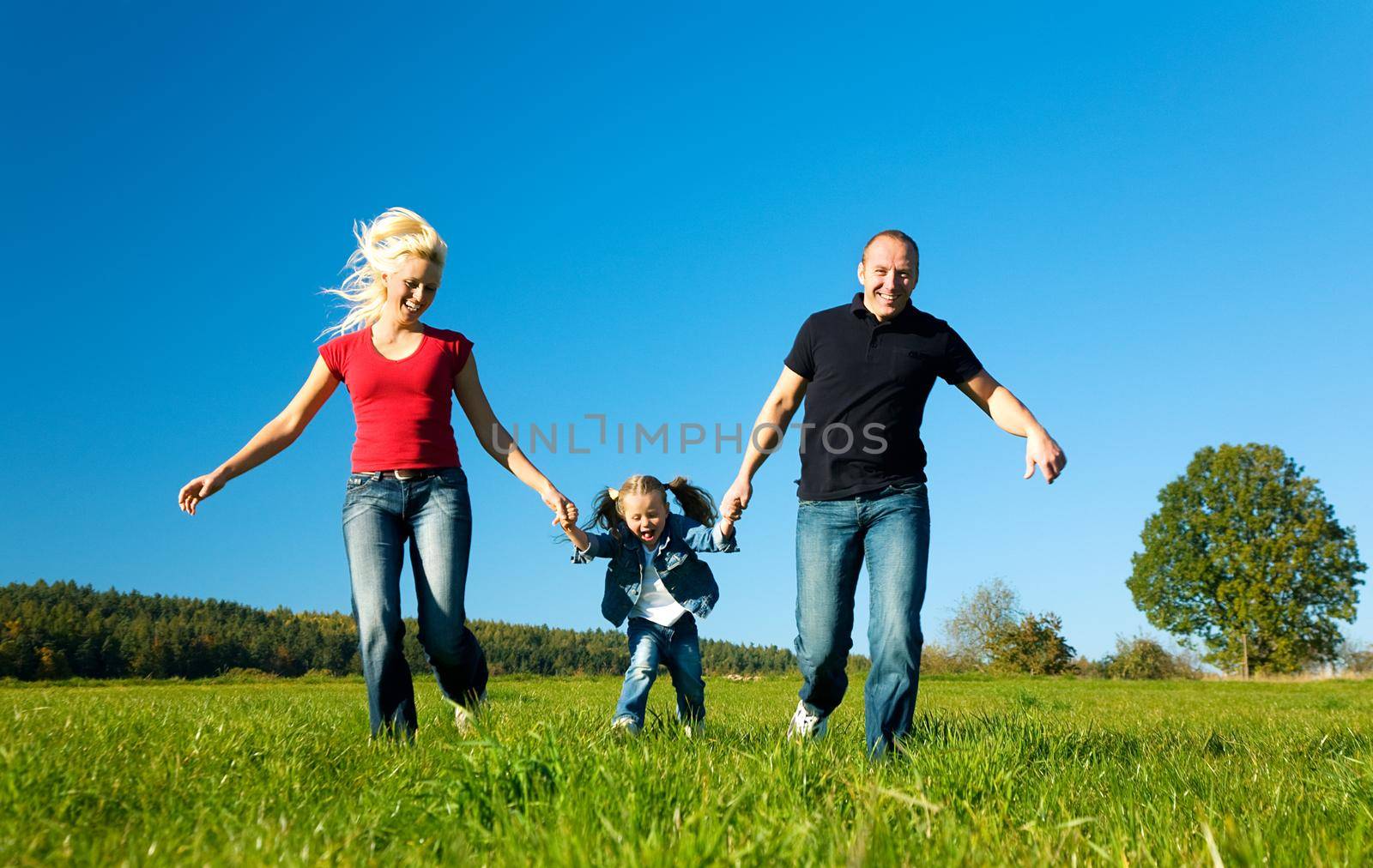 Family with kid on meadow in summer by Kzenon