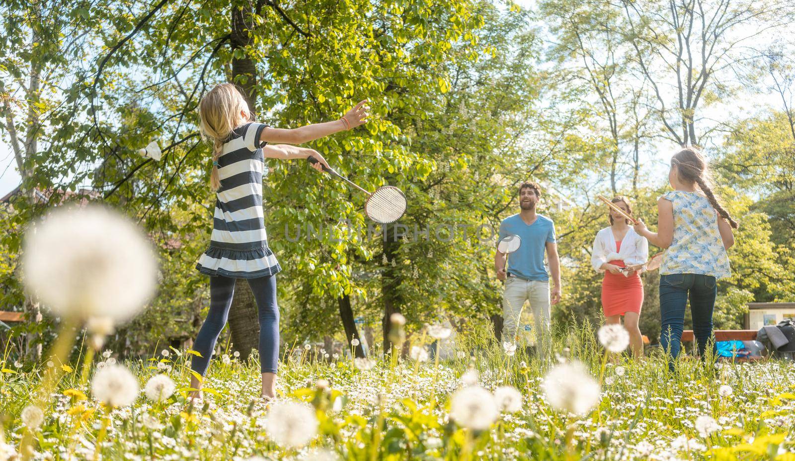 Family having fun playing sport games on a meadow in summer