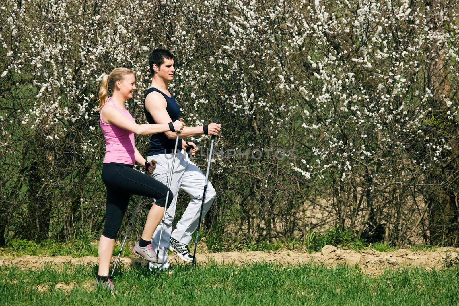 Young couple doing Nordic walking in spring