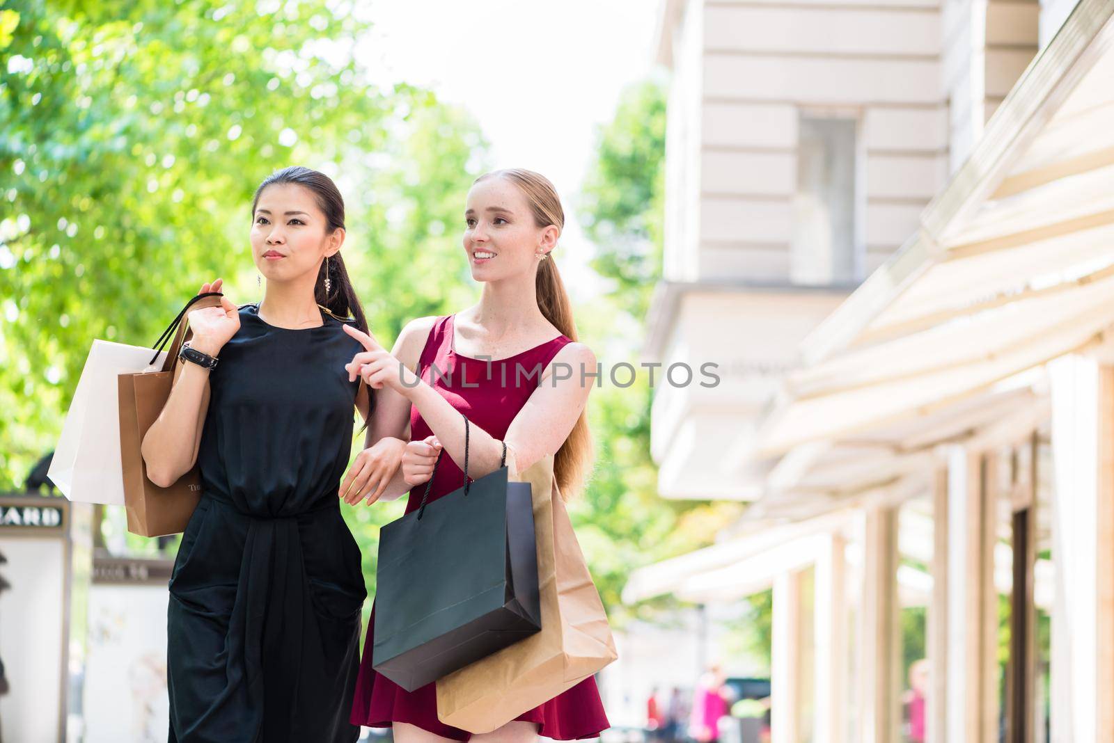 Two stylish young ladies out shopping standing in the street with their bags chatting and pointing