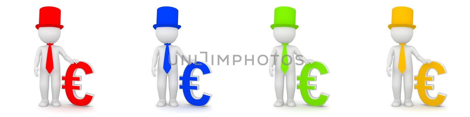 3D Rendering of man with Euro currency as banker - different colors
