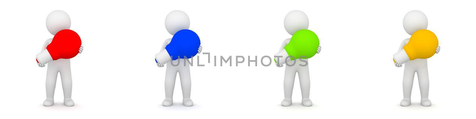 3D Rendering of a man holding a red incandescent light bulb on white background