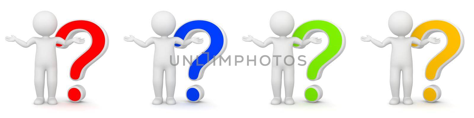 3D Rendering of man with question mark - different colors