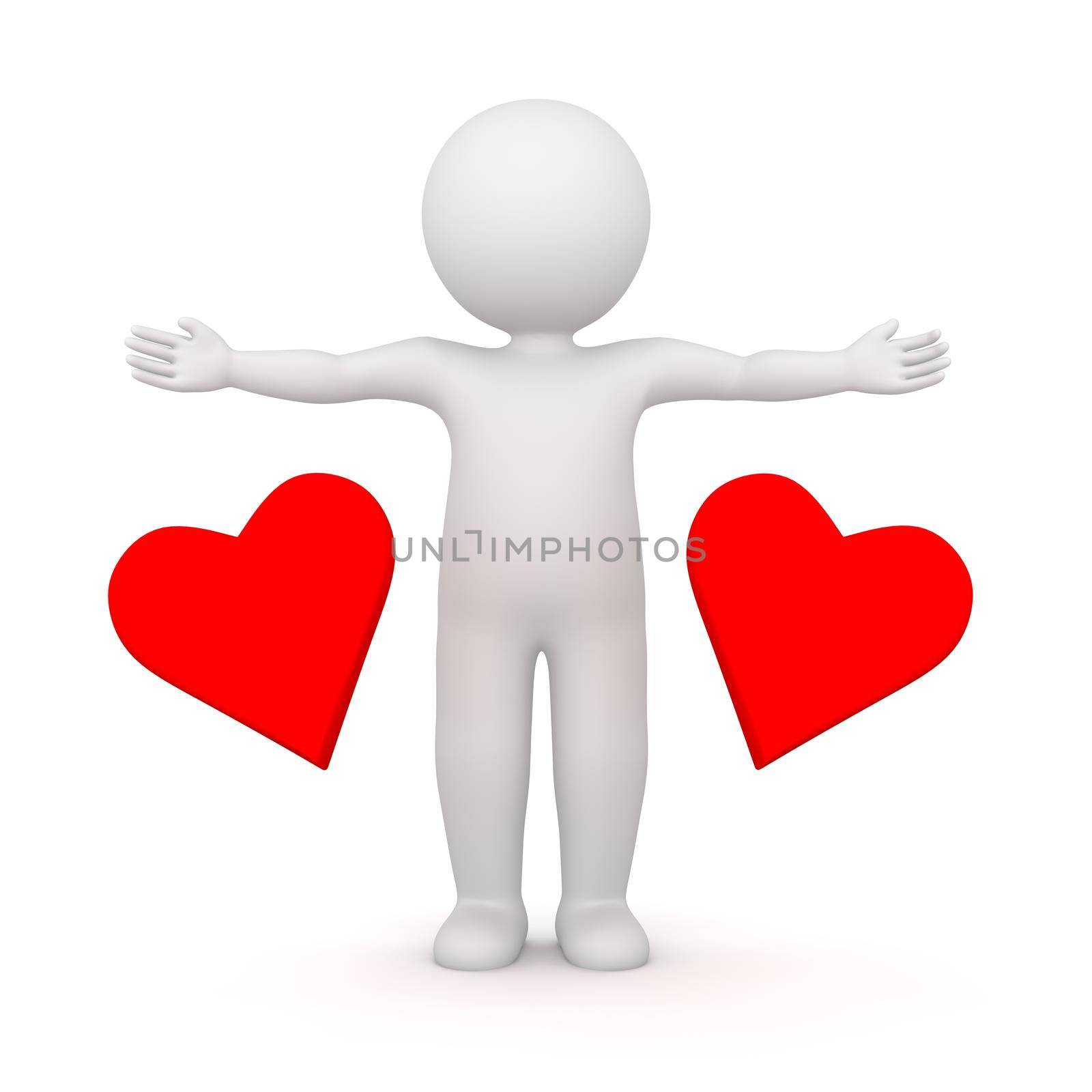 3D Rendering of a man with arms open wide between two red heart shapes on white background