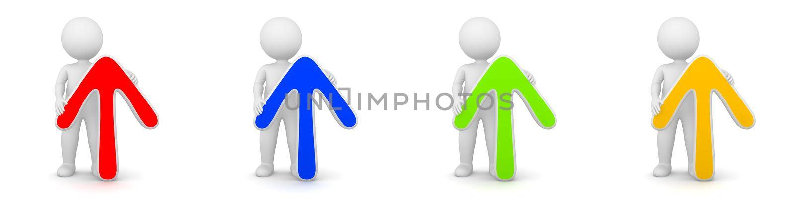 3D Rendering of man with arrow up - different colors