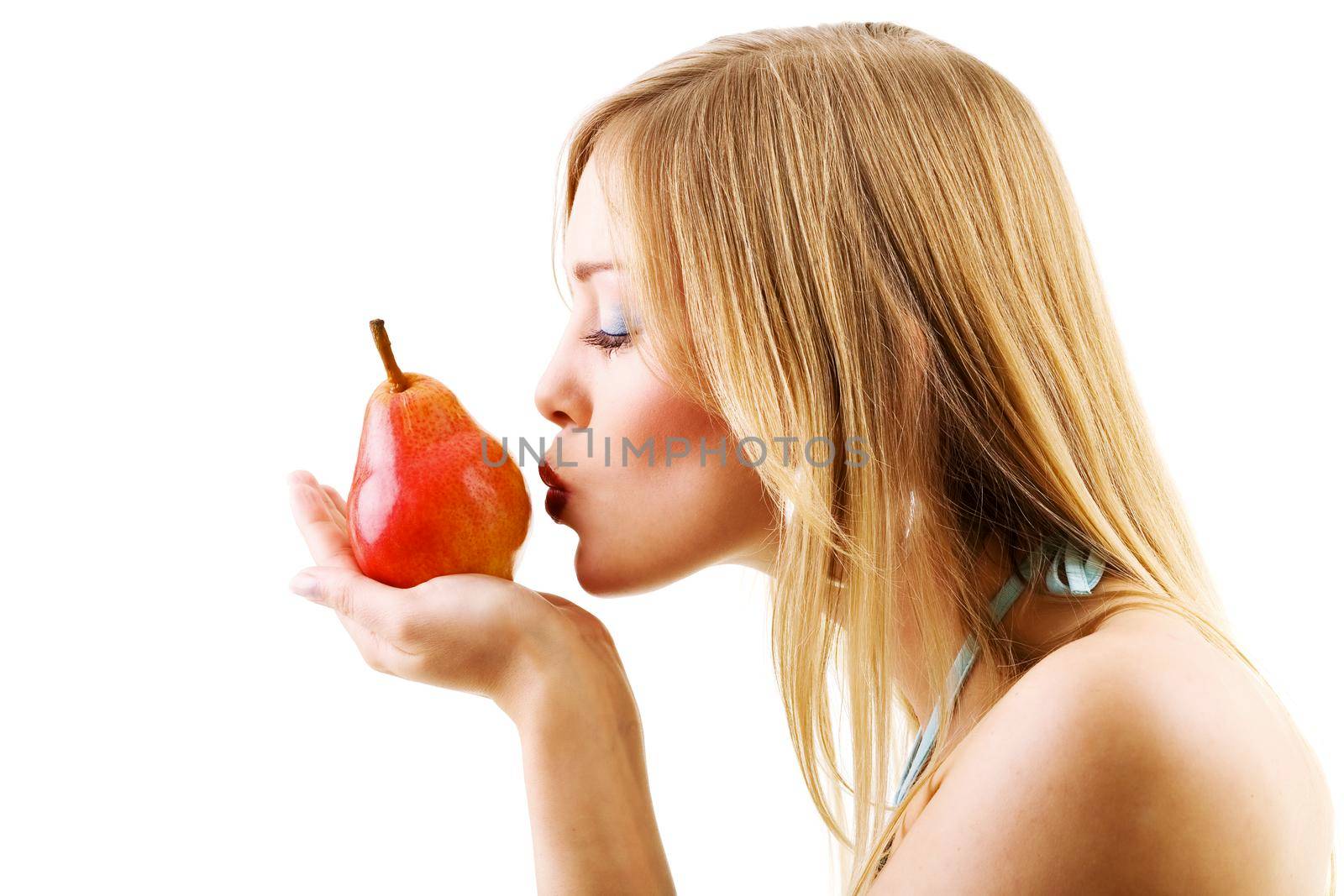 Food, fruit and healthy nutrition - Sweet woman kissing fruit