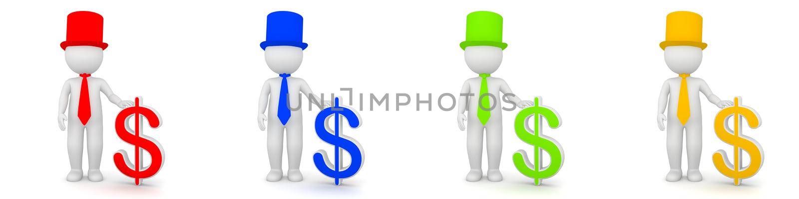 3D Rendering of man with dollar currency as banker - different colors