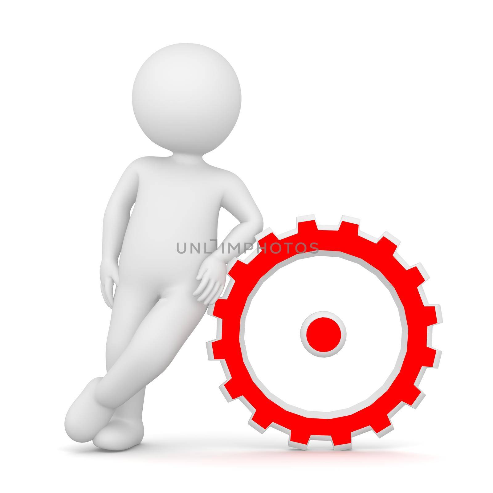 3D Rendering of a man leaning on a red cogwheel on white background