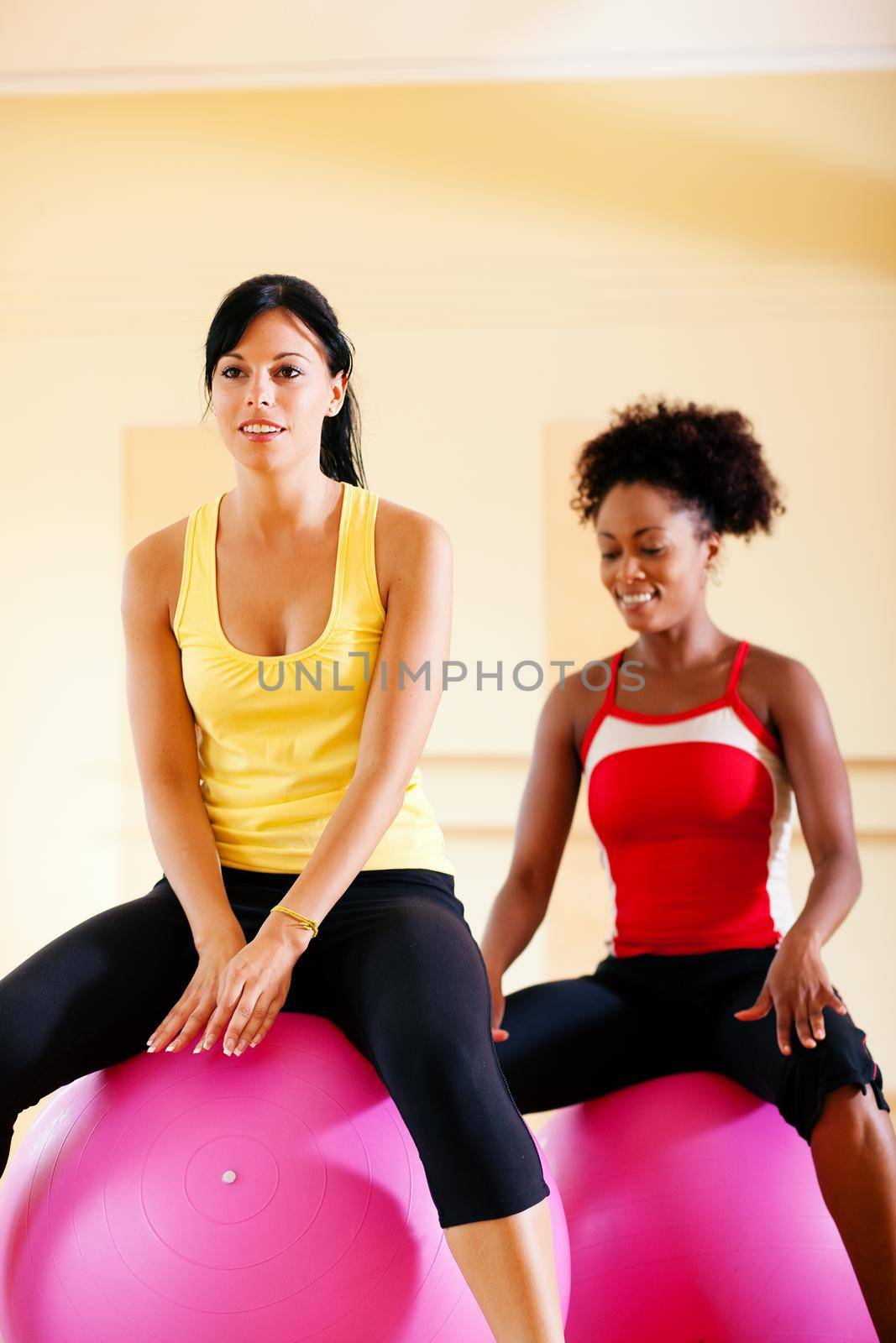 Two women with fitness ball in gym by Kzenon