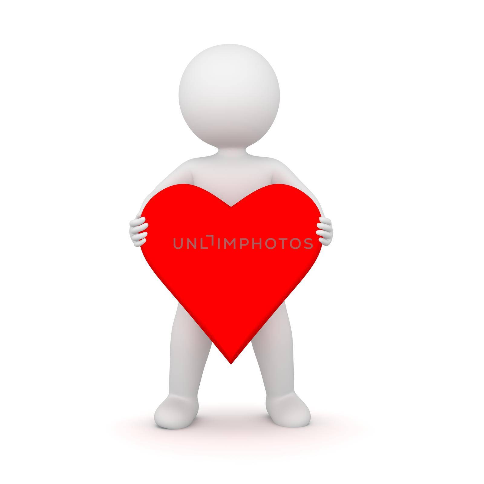 3D Rendering of a man holding a big red heart shape on white background