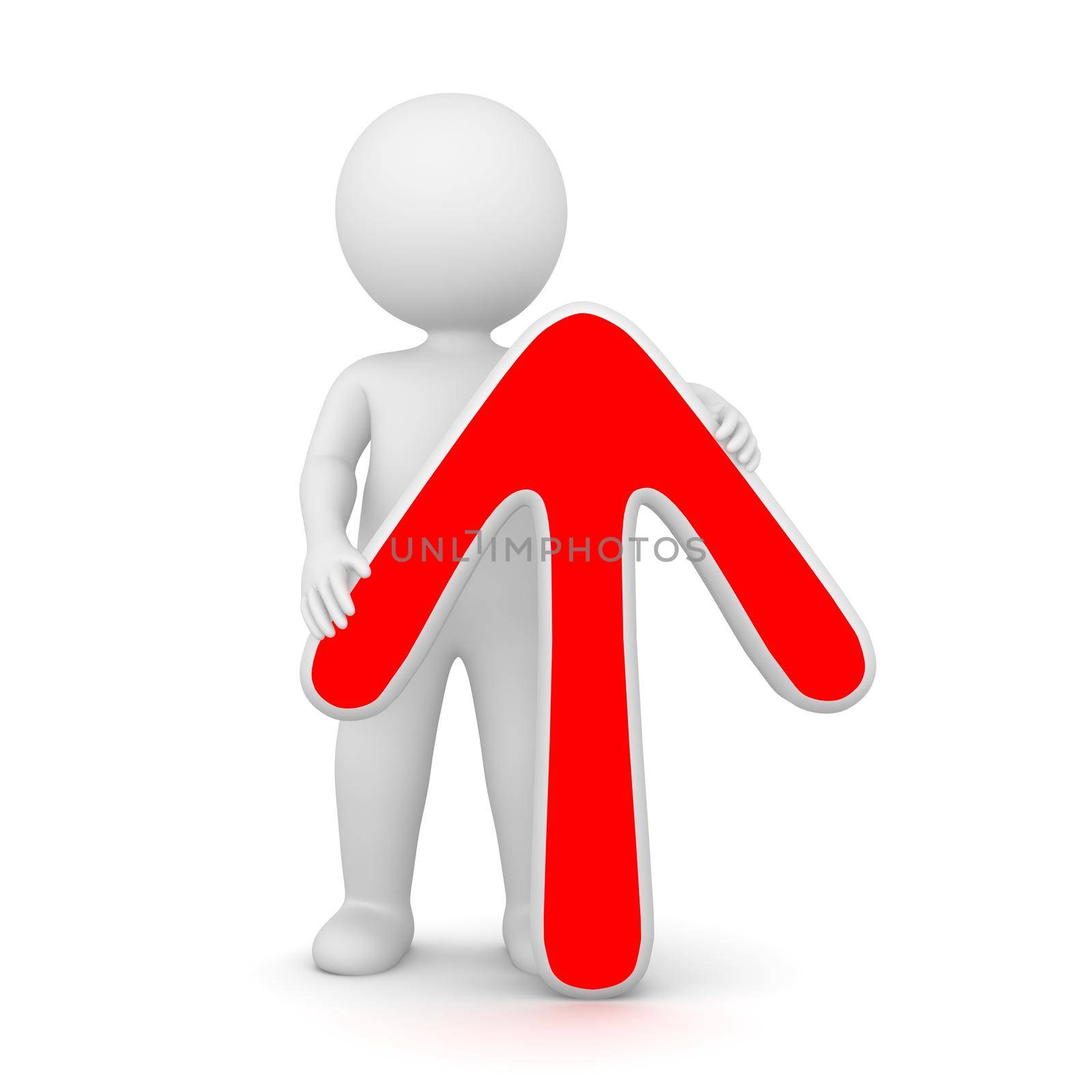 3D Rendering of a man holding a red up arrow on white background